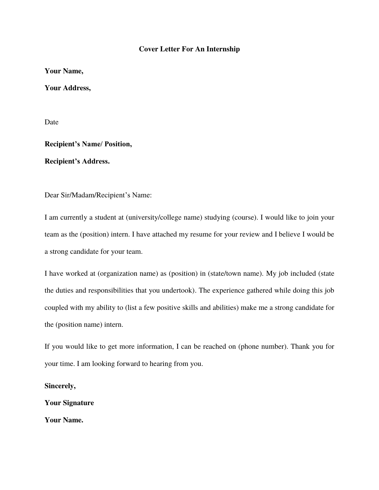 example cover letter for an internship